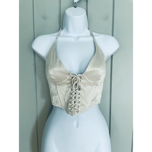 Superdown Revolve Corset Top S Small Cropped Satin Lace-Up Beige - Picture 1 of 5